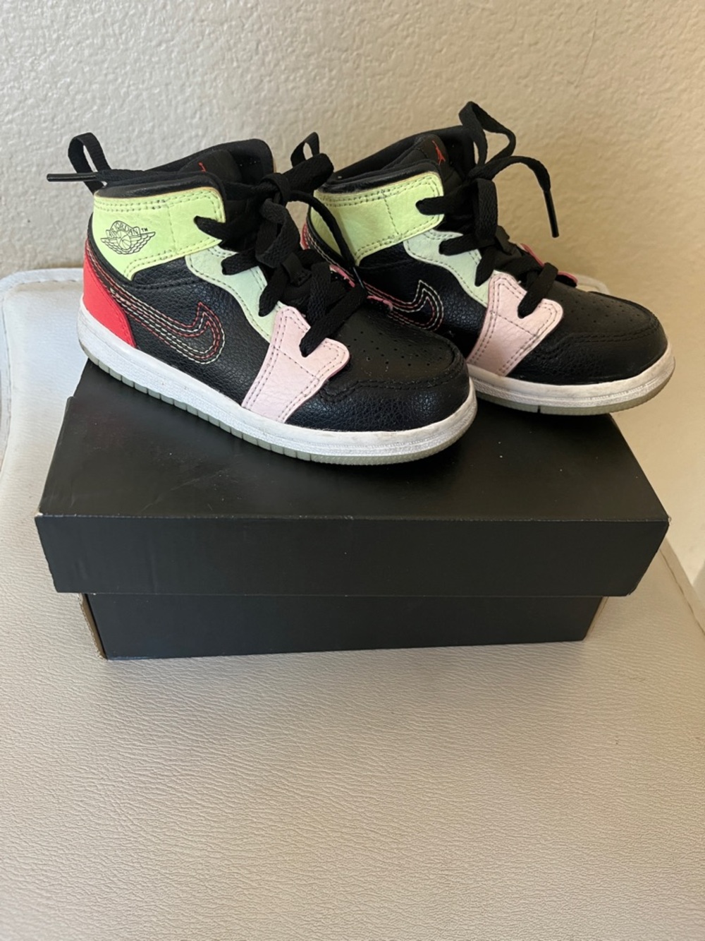 Jordan Kids Black, Light Green, Pink & Red High-Top Sneakers - Picture 6 of 6
